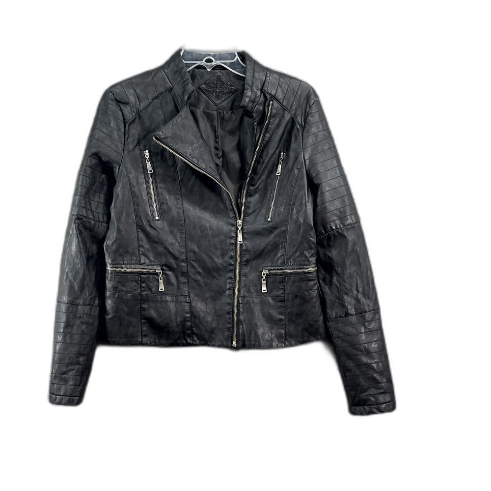 JouJou Biker Jacket Womens L Black Asymmetrical Zip Moto Riding Hiking Rancher
